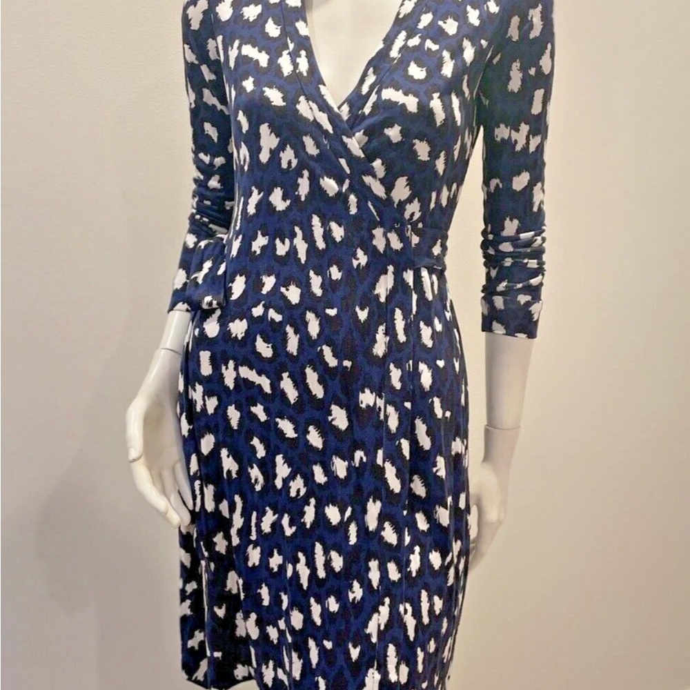 Diane Von Furstenberg Jeanne Blue Jersey Silk Wrap Long Sleeve Dress - Sz 4